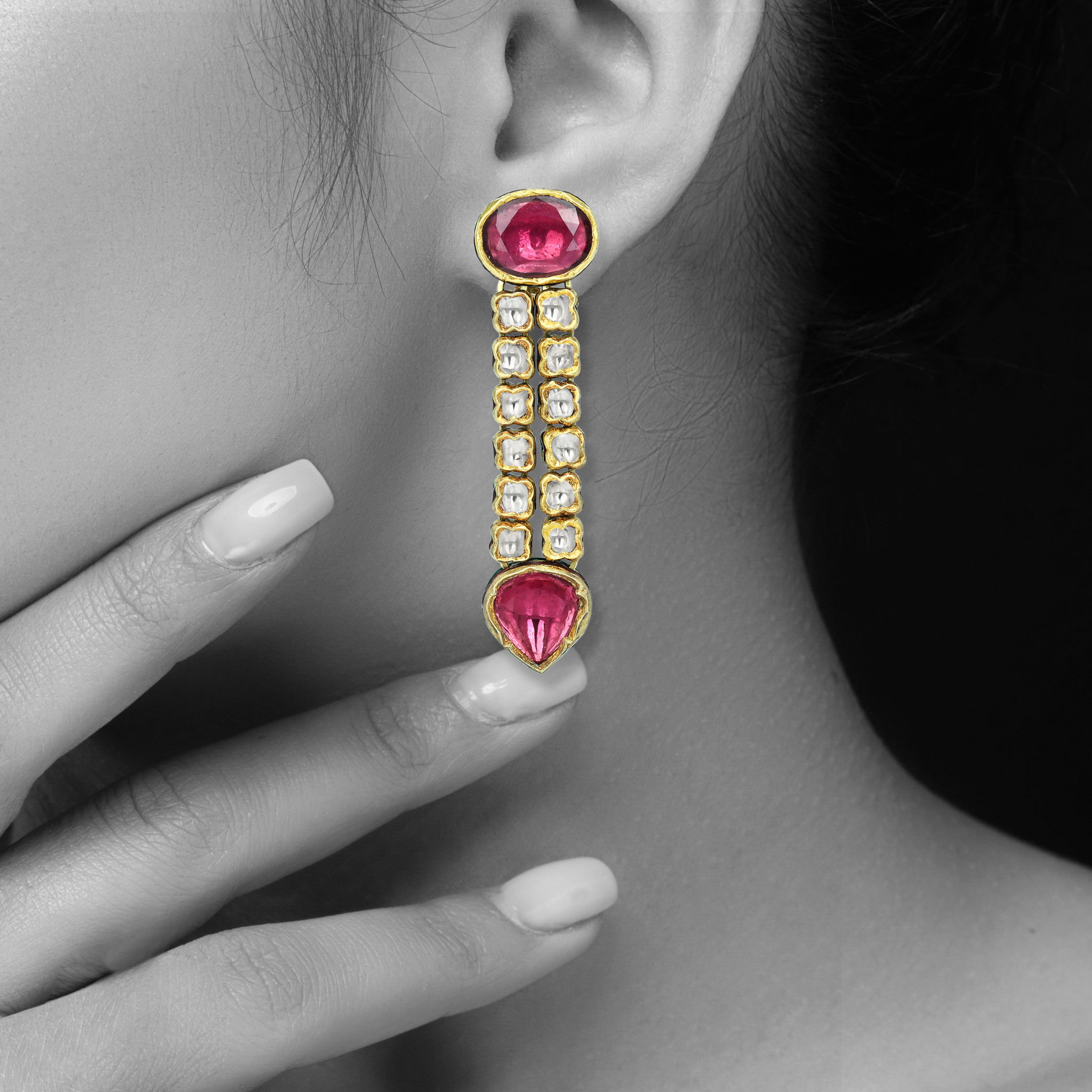 Polki Diamond Necklace Set with Deep Pink Gemstones and Drop